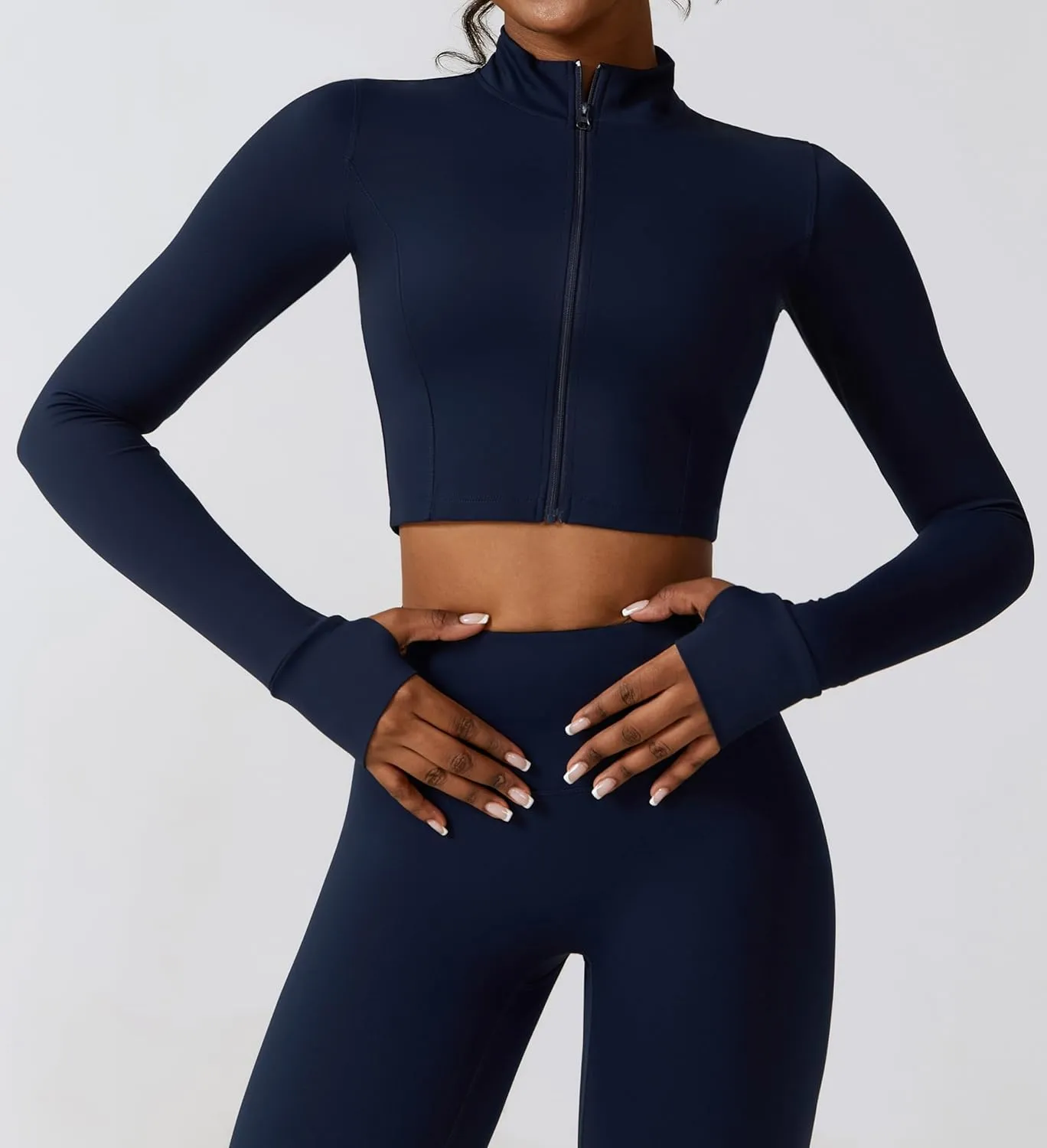 Yknktstc Womens Full Zip Athletic Jacket with Thumbhole Long Sleeve Crop Top Running Workout Yoga Sportswear Shirt