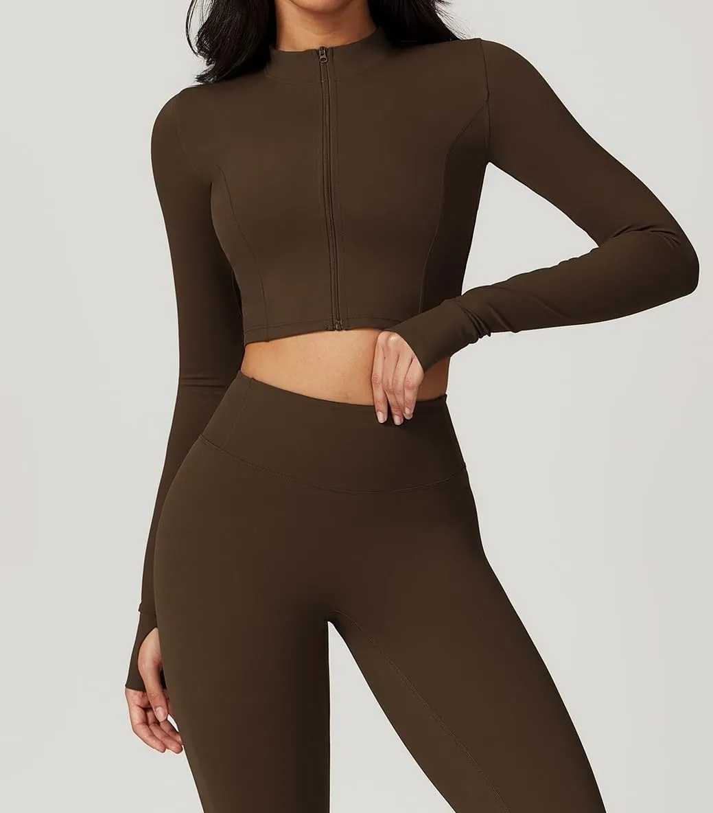 Yknktstc Womens Full Zip Athletic Jacket with Thumbhole Long Sleeve Crop Top Running Workout Yoga Sportswear Shirt