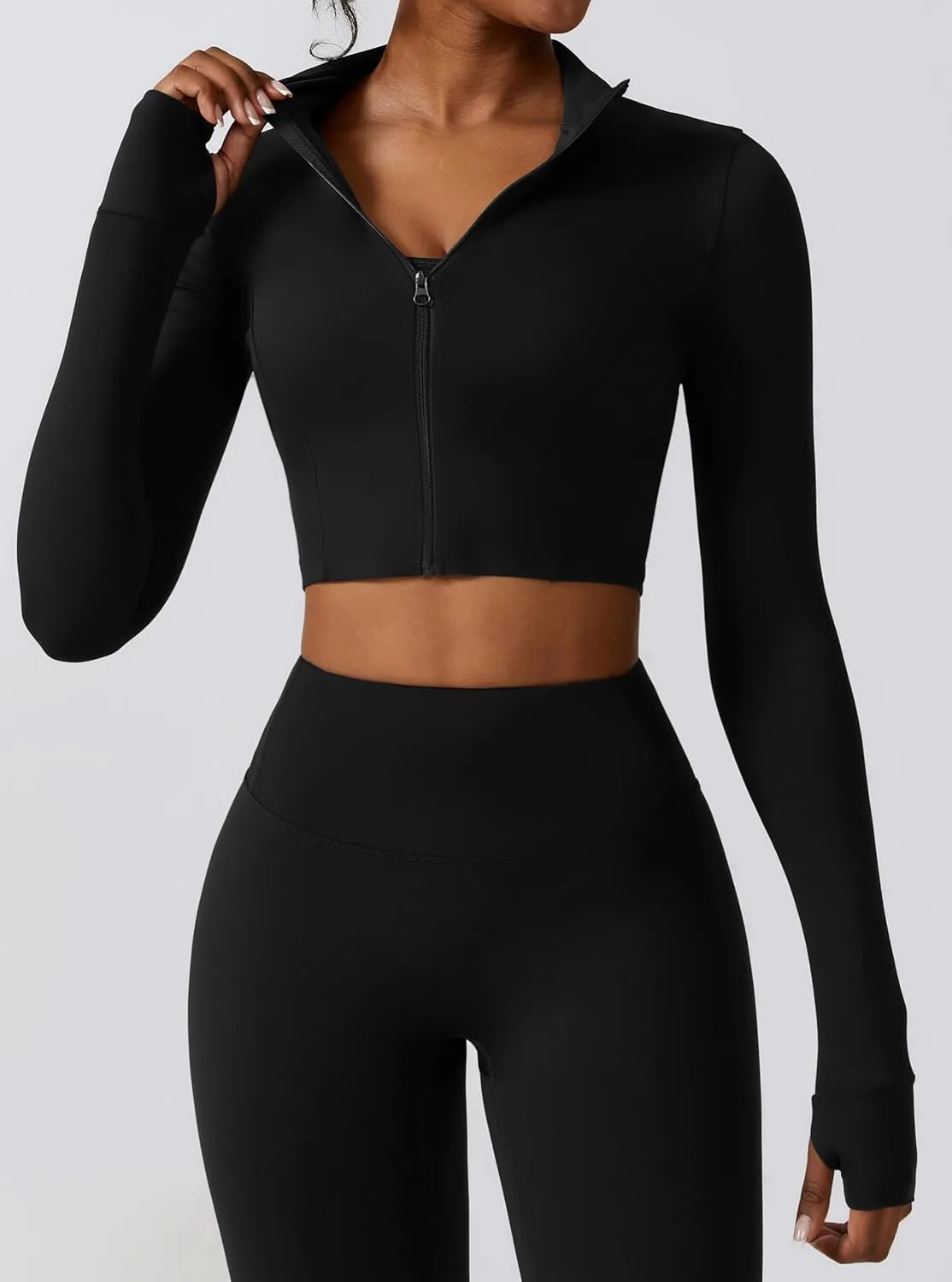 Yknktstc Womens Full Zip Athletic Jacket with Thumbhole Long Sleeve Crop Top Running Workout Yoga Sportswear Shirt