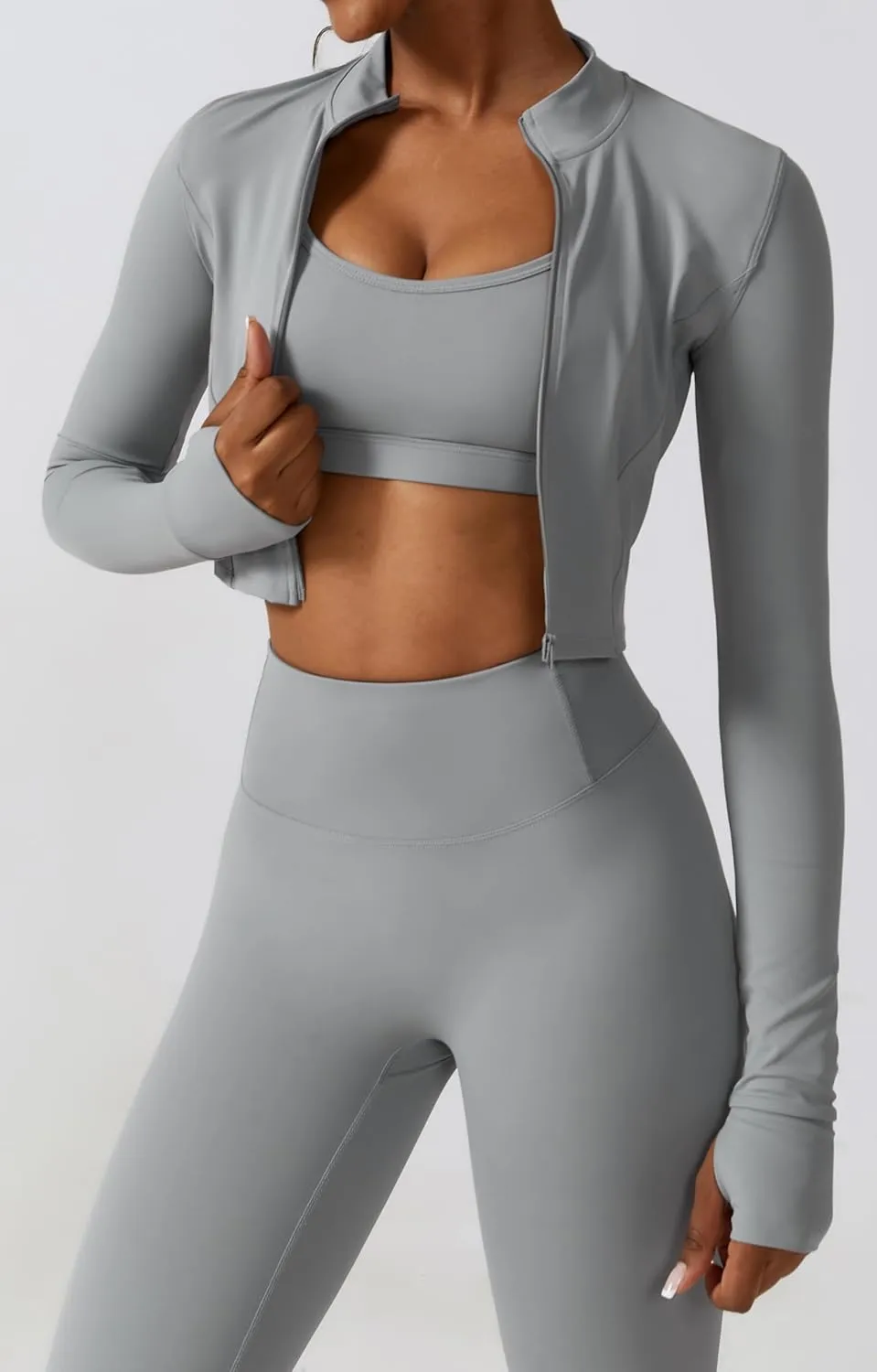 Yknktstc Womens Full Zip Athletic Jacket with Thumbhole Long Sleeve Crop Top Running Workout Yoga Sportswear Shirt