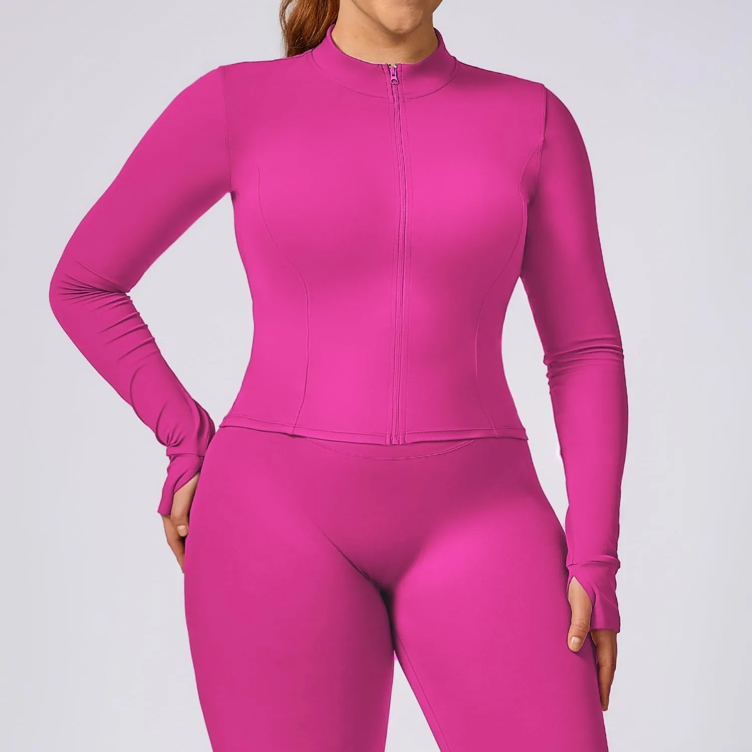 Yknktstc Womens Full Zip Athletic Jacket with Thumbhole Long Sleeve Crop Top Running Workout Yoga Sportswear Shirt
