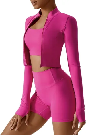 Yknktstc Womens Full Zip Athletic Jacket with Thumbhole Long Sleeve Crop Top Running Workout Yoga Sportswear Shirt