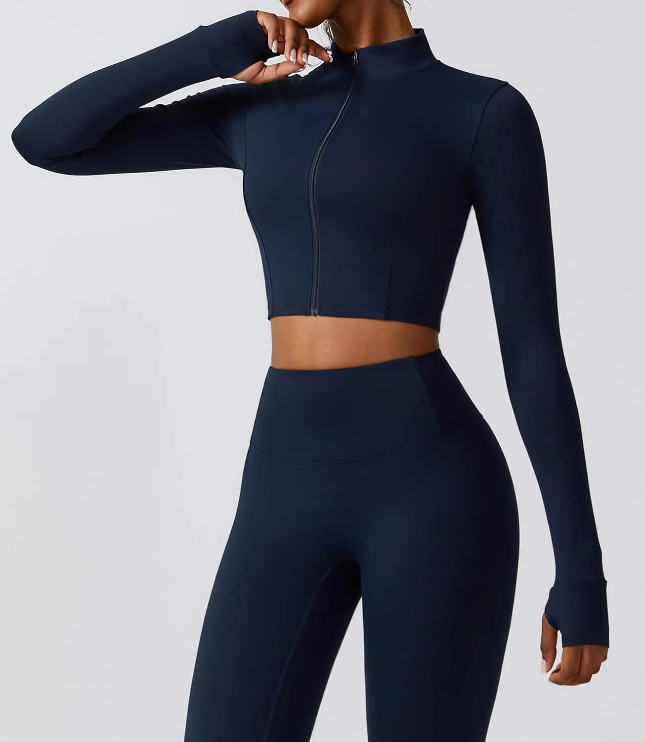 Yknktstc Womens Full Zip Athletic Jacket with Thumbhole Long Sleeve Crop Top Running Workout Yoga Sportswear Shirt