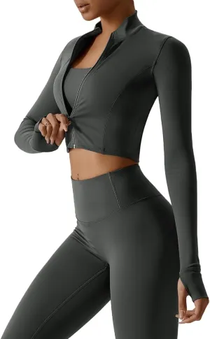 Yknktstc Womens Full Zip Athletic Jacket with Thumbhole Long Sleeve Crop Top Running Workout Yoga Sportswear Shirt