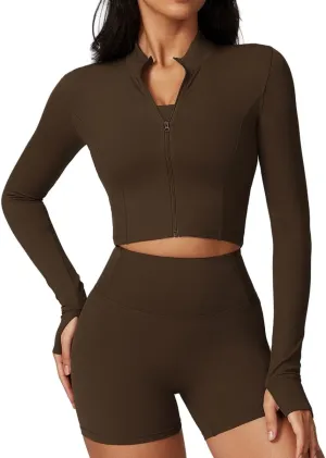 Yknktstc Womens Full Zip Athletic Jacket with Thumbhole Long Sleeve Crop Top Running Workout Yoga Sportswear Shirt