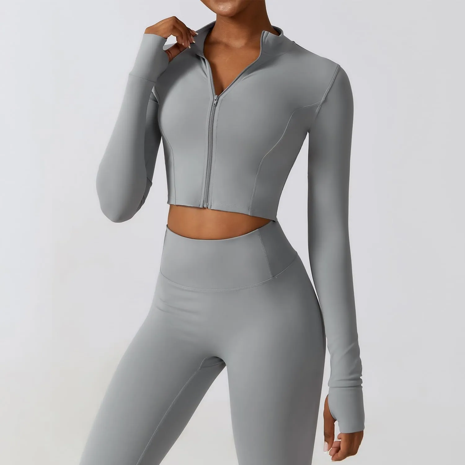 Yknktstc Womens Full Zip Athletic Jacket with Thumbhole Long Sleeve Crop Top Running Workout Yoga Sportswear Shirt