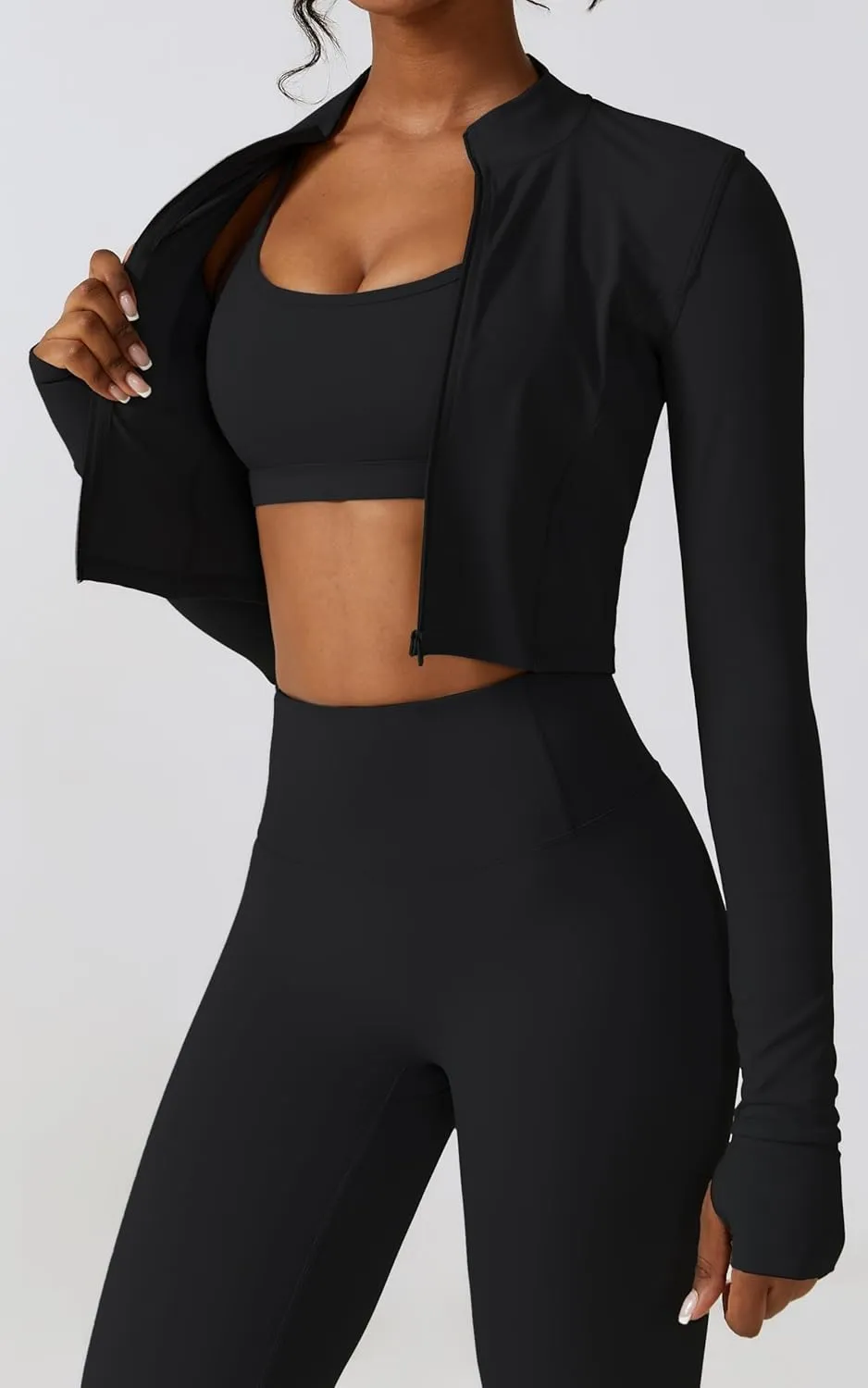 Yknktstc Womens Full Zip Athletic Jacket with Thumbhole Long Sleeve Crop Top Running Workout Yoga Sportswear Shirt
