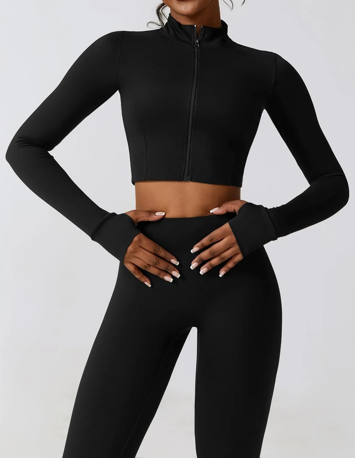Yknktstc Womens Full Zip Athletic Jacket with Thumbhole Long Sleeve Crop Top Running Workout Yoga Sportswear Shirt