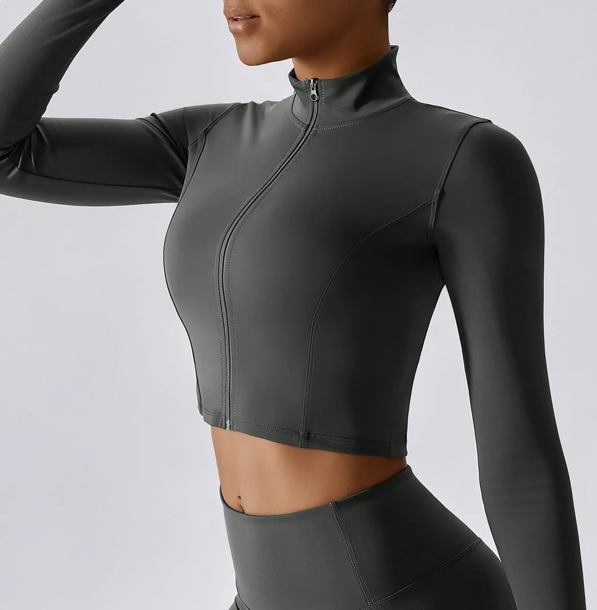 Yknktstc Womens Full Zip Athletic Jacket with Thumbhole Long Sleeve Crop Top Running Workout Yoga Sportswear Shirt