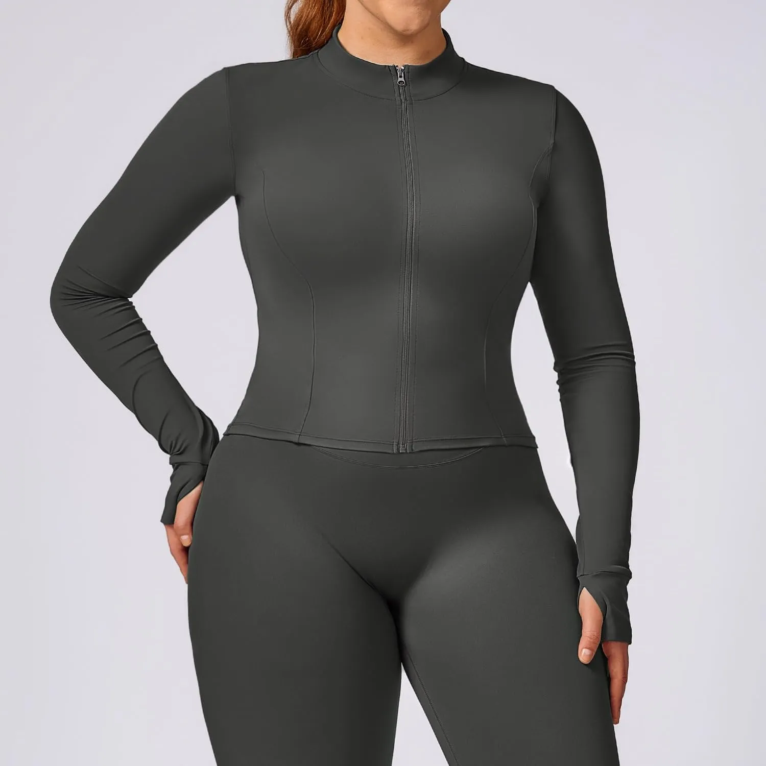 Yknktstc Womens Full Zip Athletic Jacket with Thumbhole Long Sleeve Crop Top Running Workout Yoga Sportswear Shirt