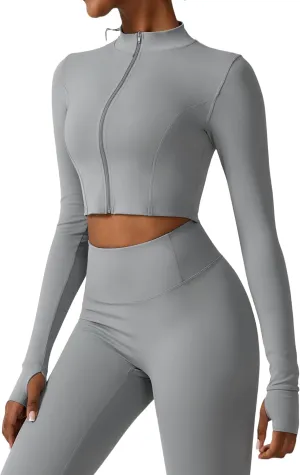 Yknktstc Womens Full Zip Athletic Jacket with Thumbhole Long Sleeve Crop Top Running Workout Yoga Sportswear Shirt