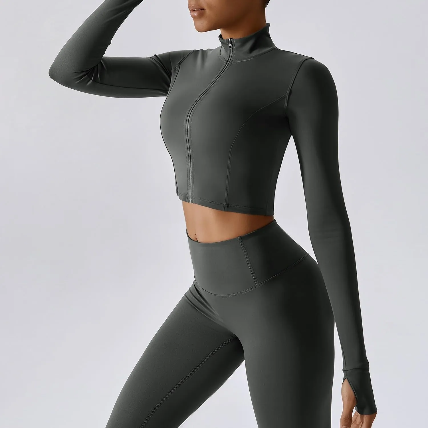 Yknktstc Womens Full Zip Athletic Jacket with Thumbhole Long Sleeve Crop Top Running Workout Yoga Sportswear Shirt