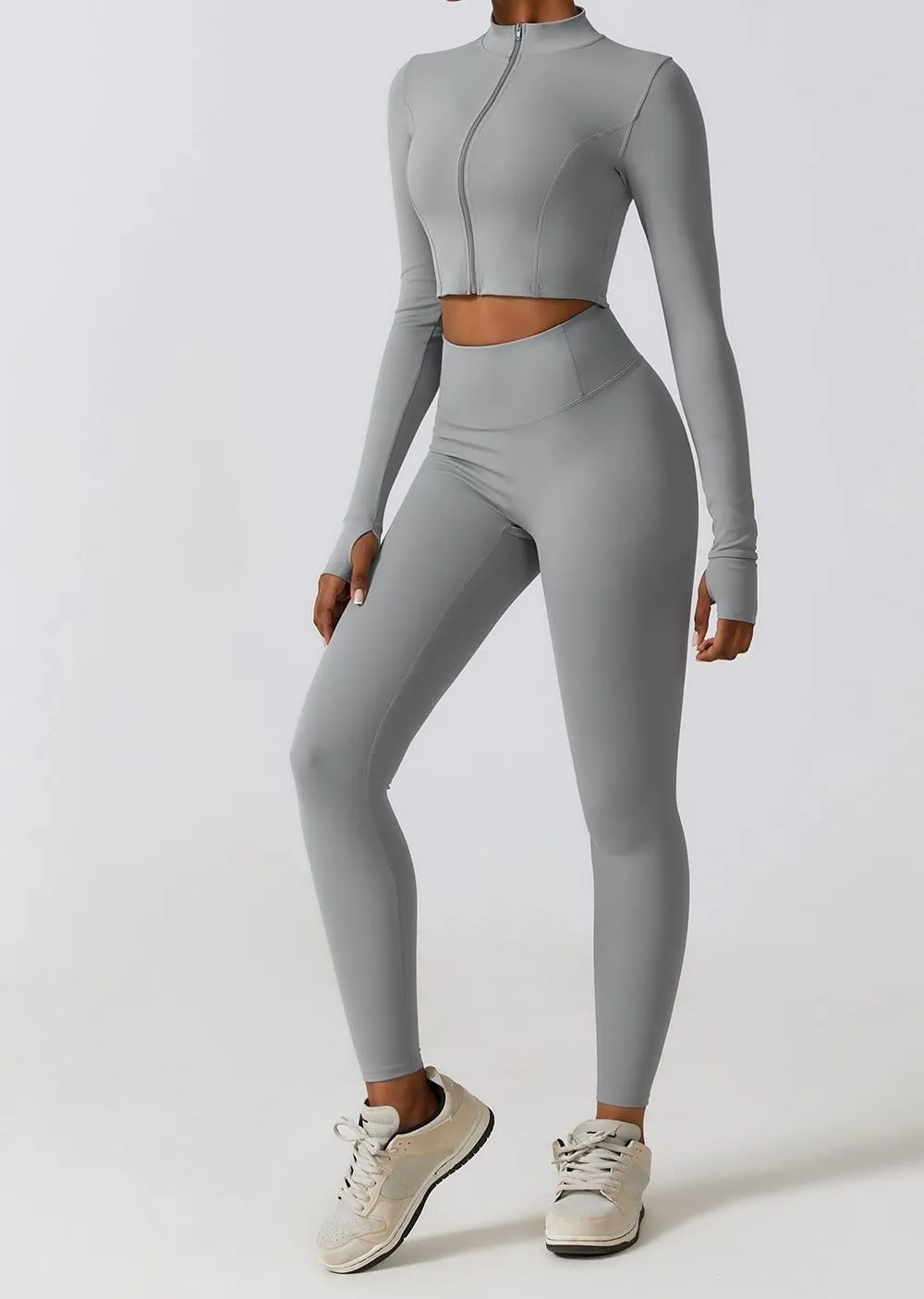 Yknktstc Womens Full Zip Athletic Jacket with Thumbhole Long Sleeve Crop Top Running Workout Yoga Sportswear Shirt