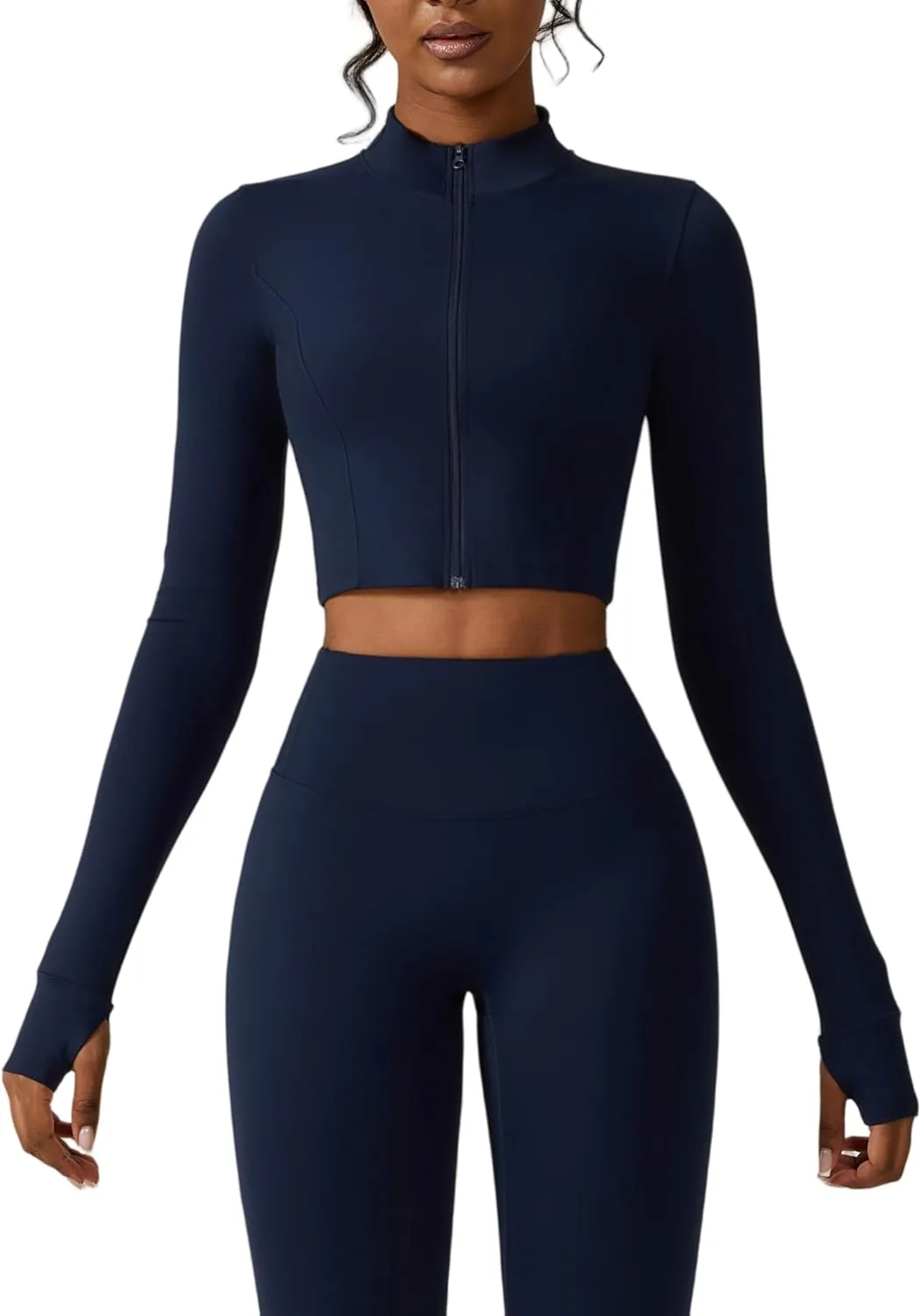 Yknktstc Womens Full Zip Athletic Jacket with Thumbhole Long Sleeve Crop Top Running Workout Yoga Sportswear Shirt