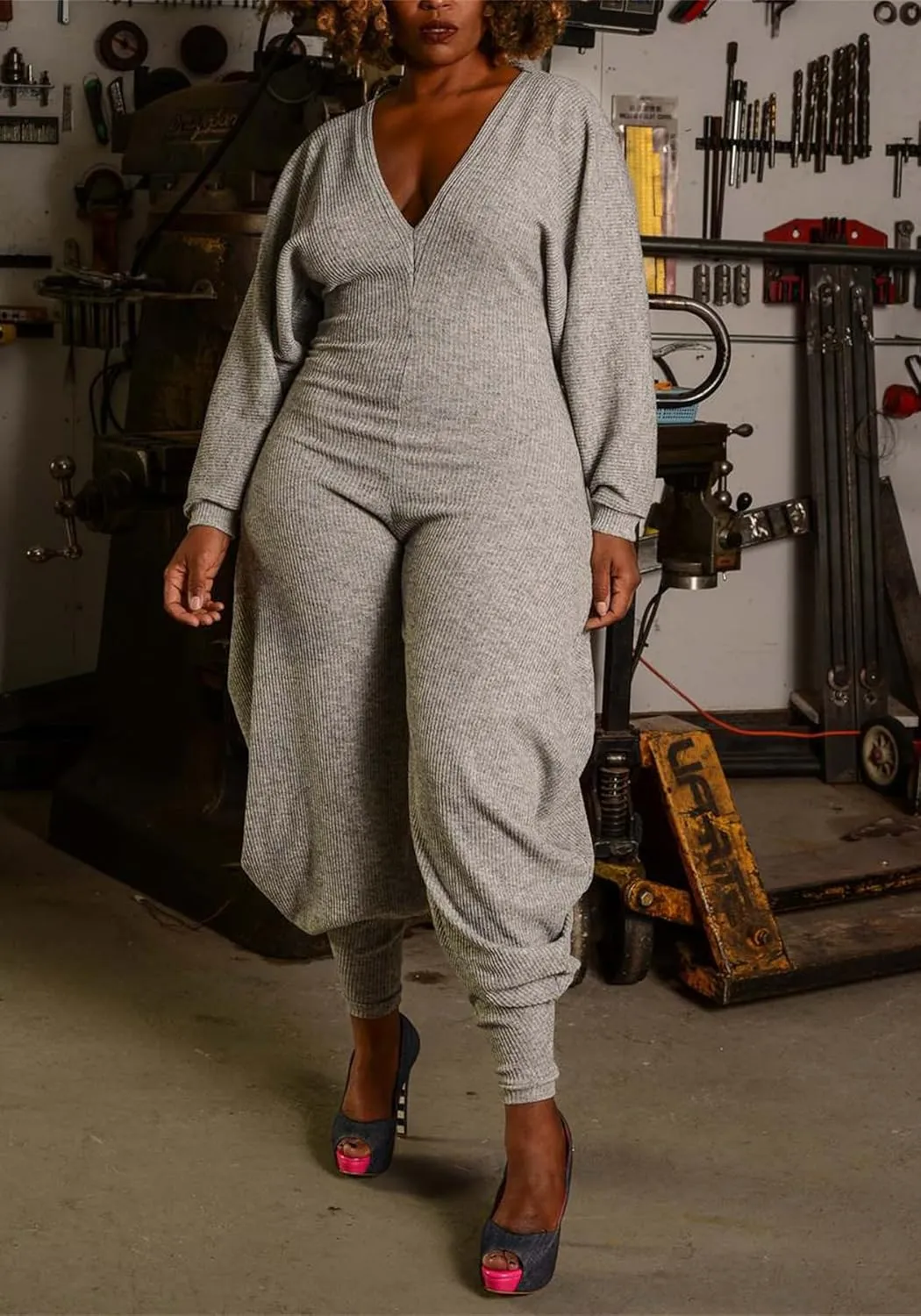 YOOTIKO Women Casual Long Sleeve Jumpsuit Plus Size Sexy V Neck Jogger Pants Lounge One Piece Romper