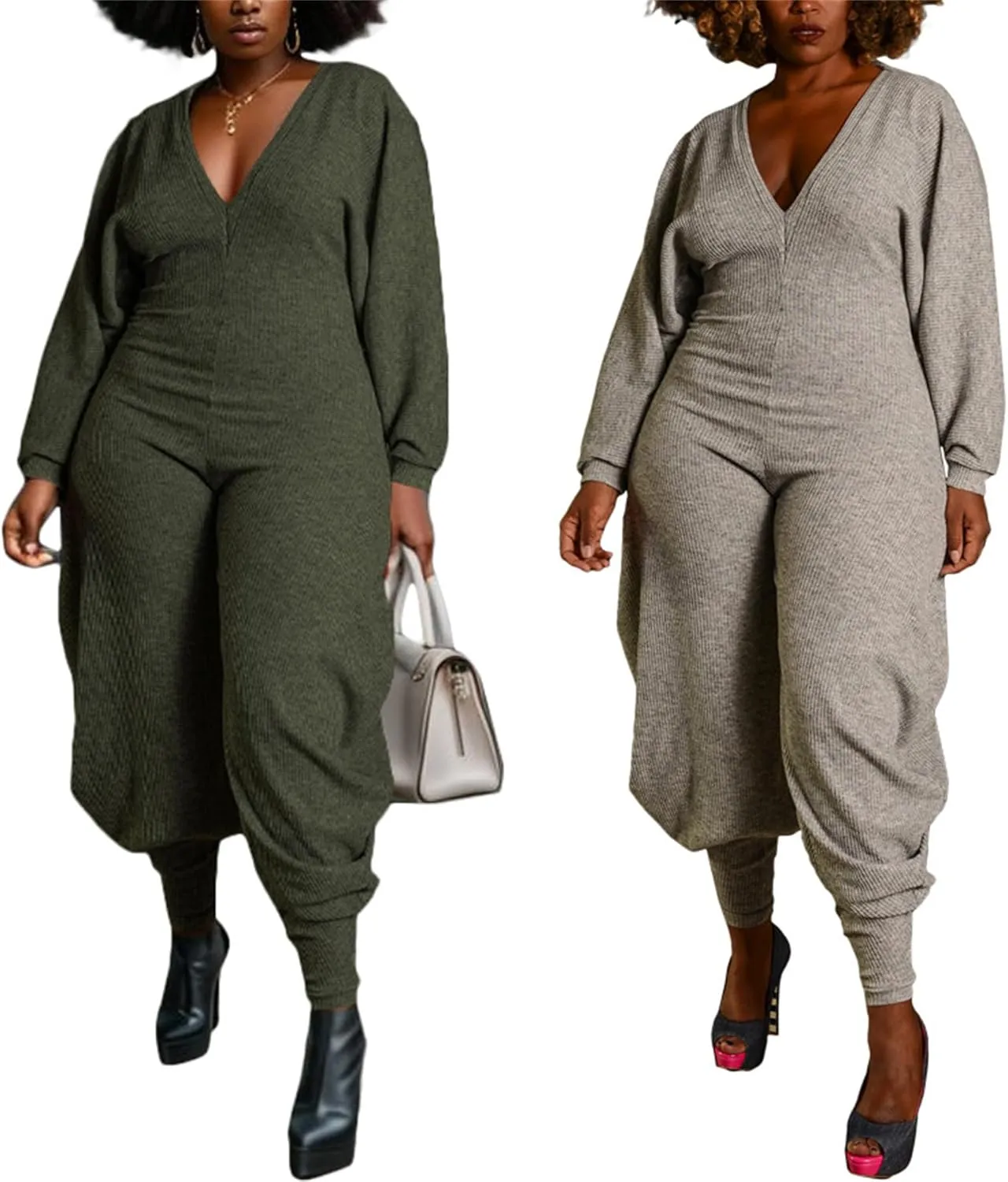 YOOTIKO Women Casual Long Sleeve Jumpsuit Plus Size Sexy V Neck Jogger Pants Lounge One Piece Romper