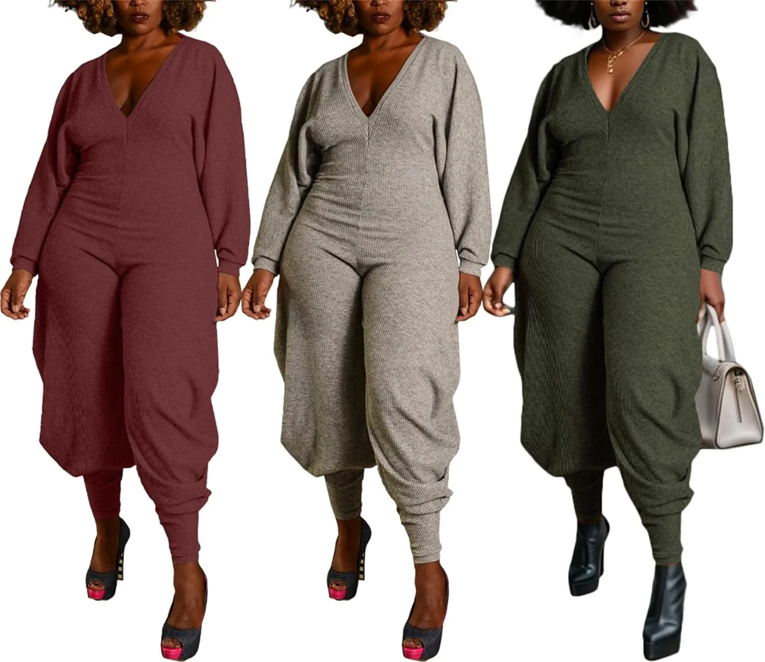 YOOTIKO Women Casual Long Sleeve Jumpsuit Plus Size Sexy V Neck Jogger Pants Lounge One Piece Romper