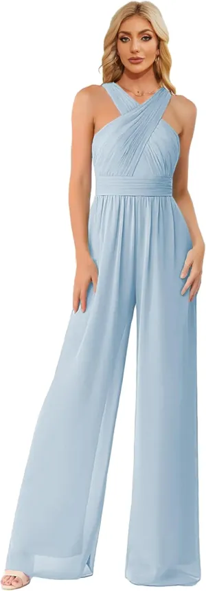 Zoghoo Chiffon Formal Jumpsuits for Women Wedding Halter Long Wide Leg Pants Rompers One Piece Outfits