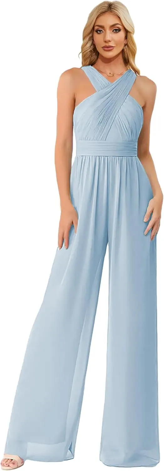 Zoghoo Chiffon Formal Jumpsuits for Women Wedding Halter Long Wide Leg Pants Rompers One Piece Outfits
