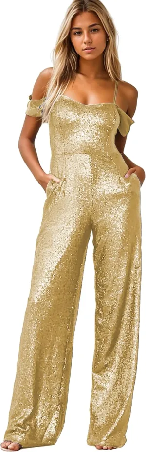 Zoghoo Sparkly Sequin Formal Jumpsuits for Women Off The Shoulder Prom Dresses Long One Piece Romper