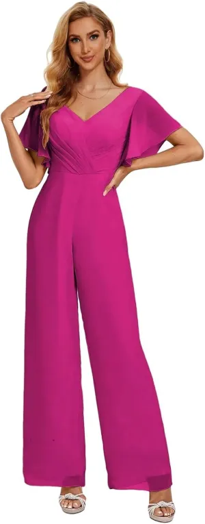 Zoghoo V Neck Formal Jumpsuits for Women Wedding High Waist Long Wide Leg Pants Short Sleeve Rompers with Pockets