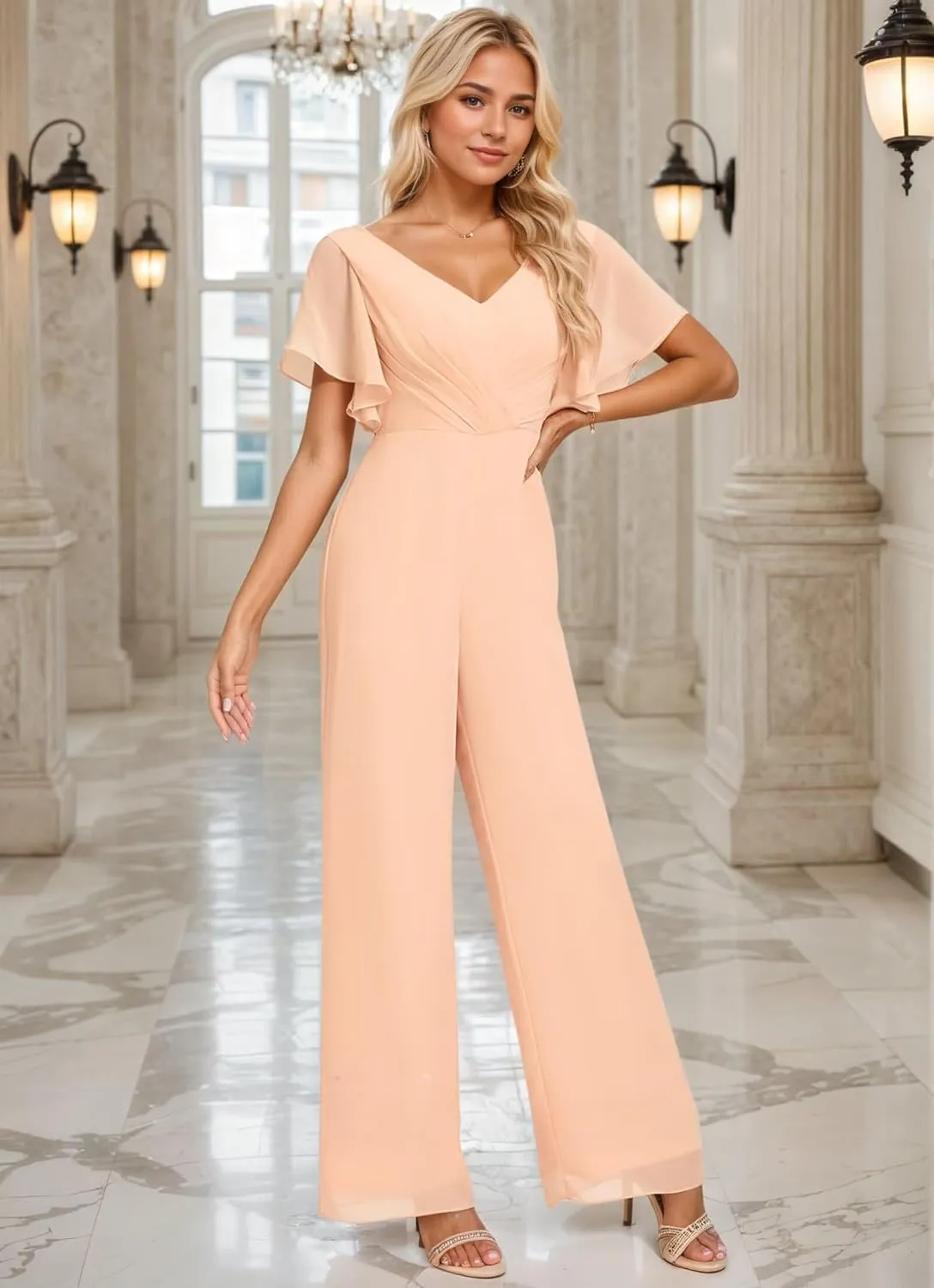 Zoghoo V Neck Formal Jumpsuits for Women Wedding High Waist Long Wide Leg Pants Short Sleeve Rompers with Pockets