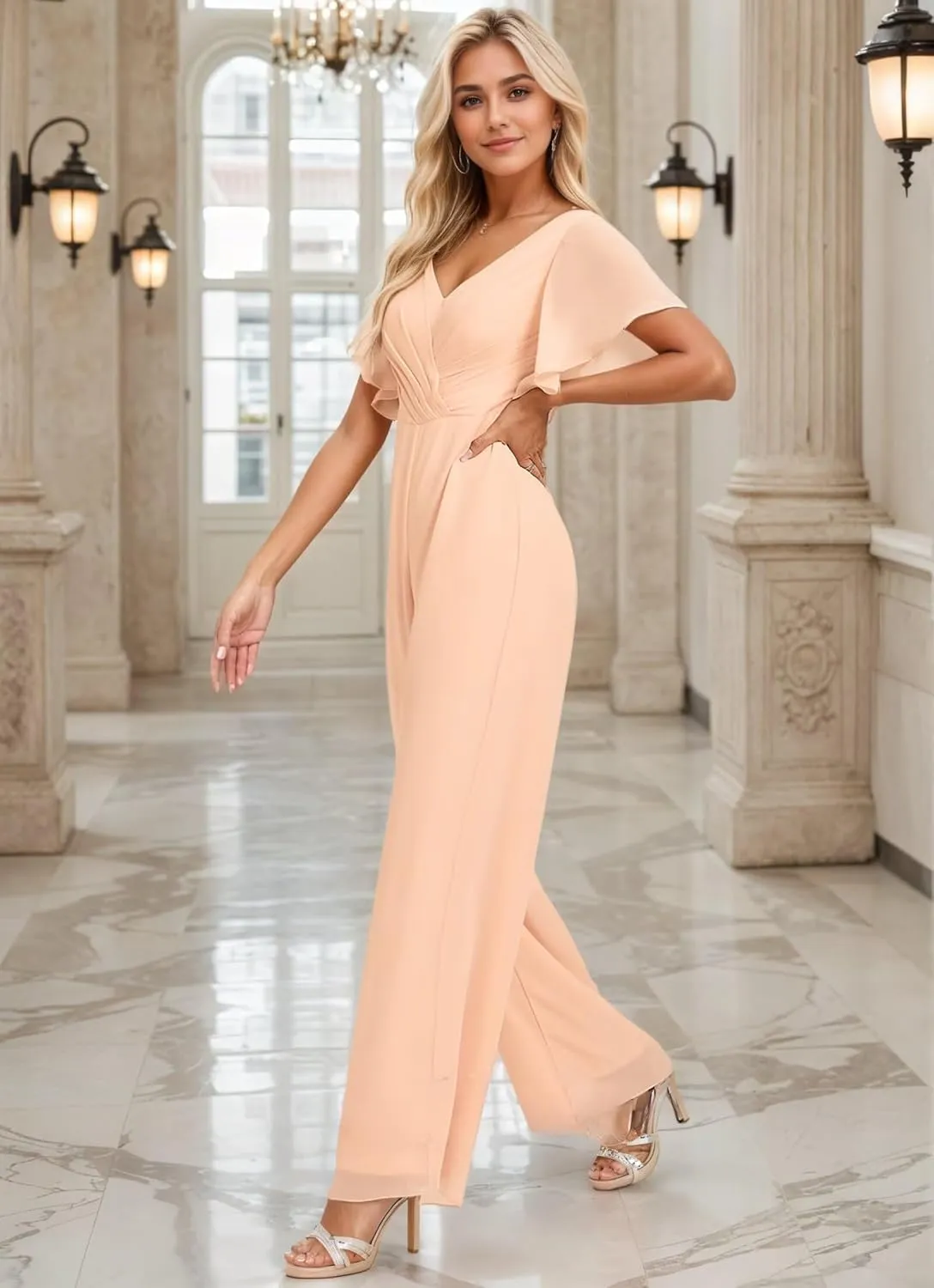 Zoghoo V Neck Formal Jumpsuits for Women Wedding High Waist Long Wide Leg Pants Short Sleeve Rompers with Pockets